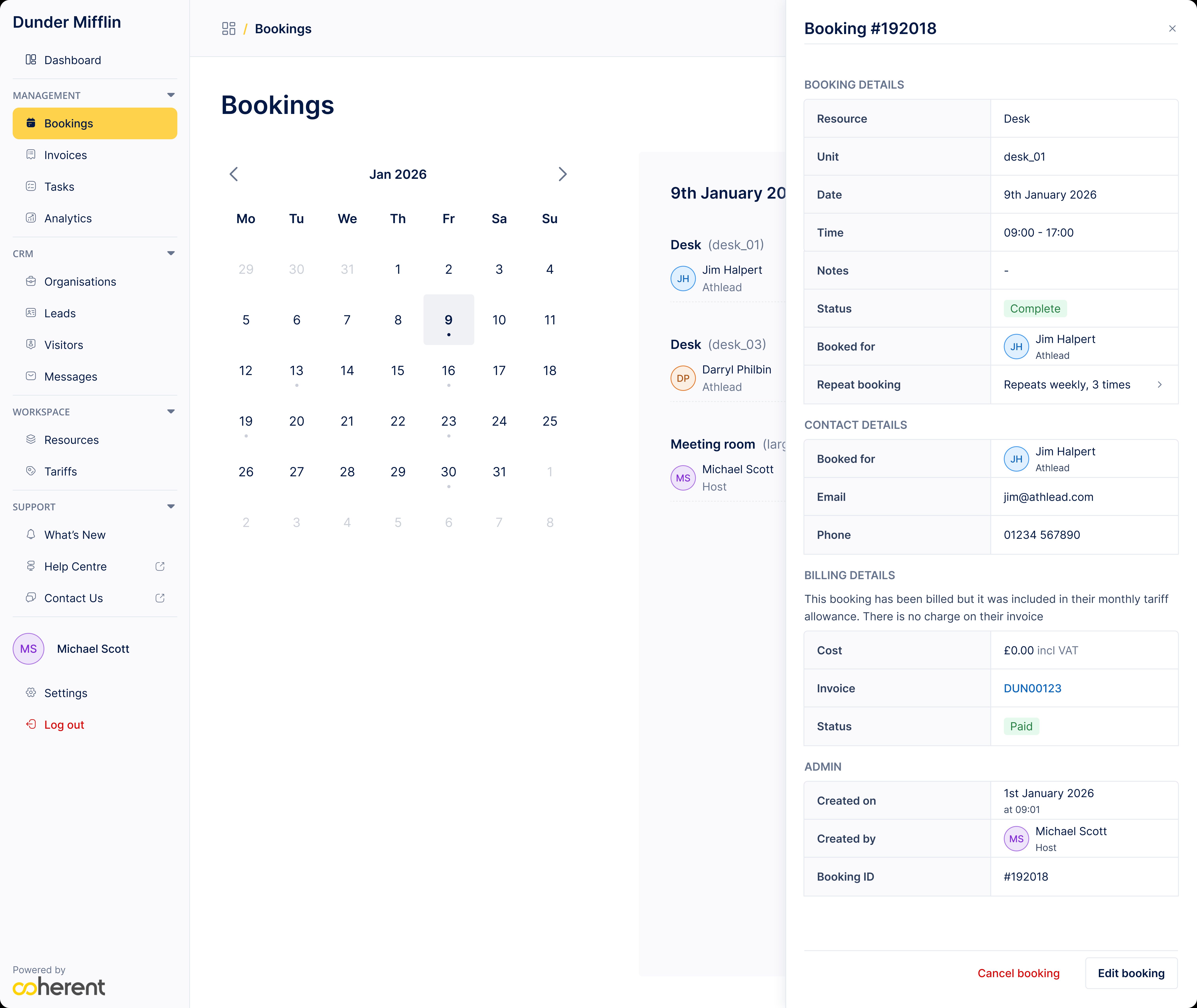 Full screen of a bookings page showing a booking details drawer open on the right hand side