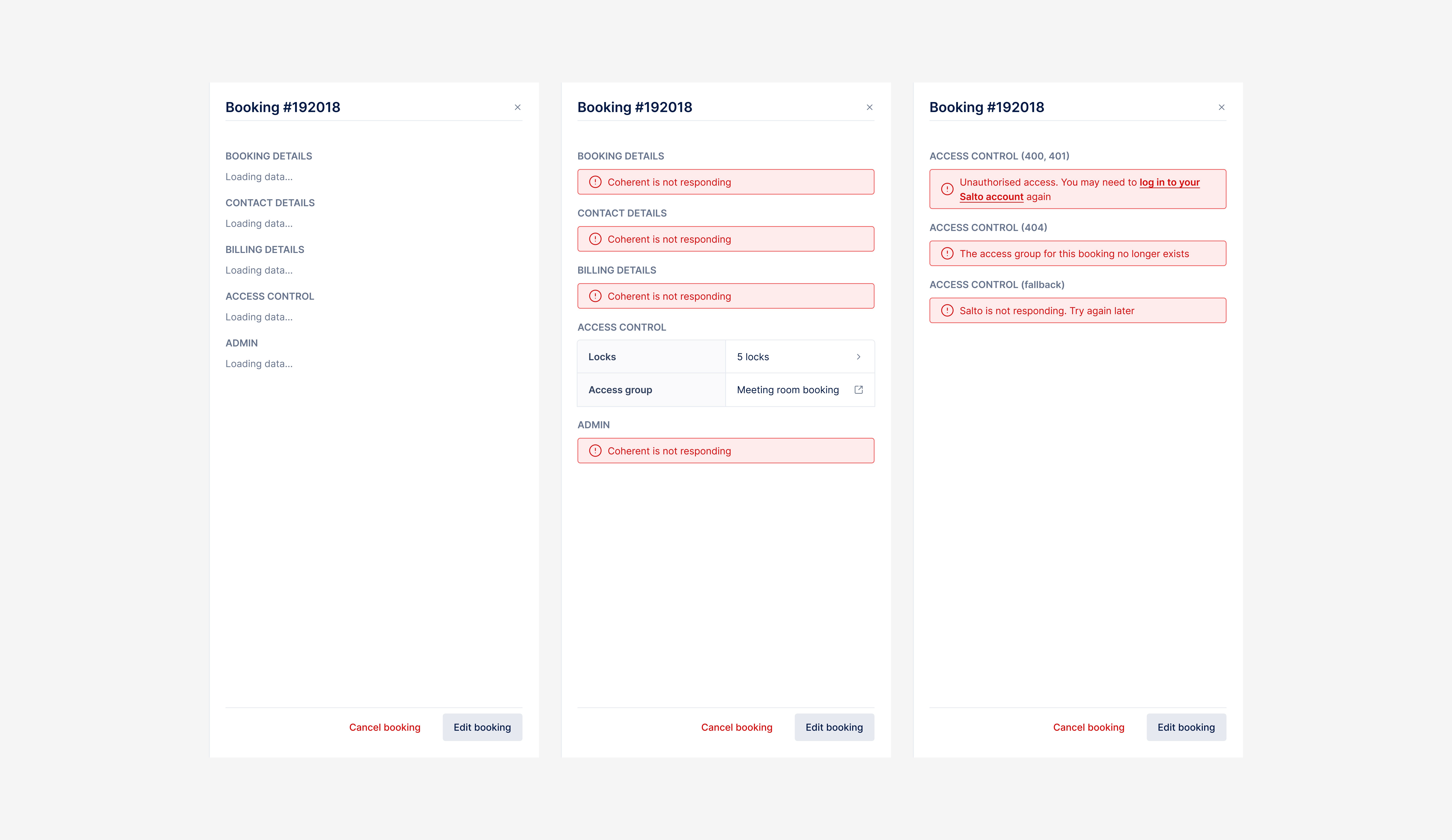 A series of Figma frames showing the loading and error states for our booking details APIs