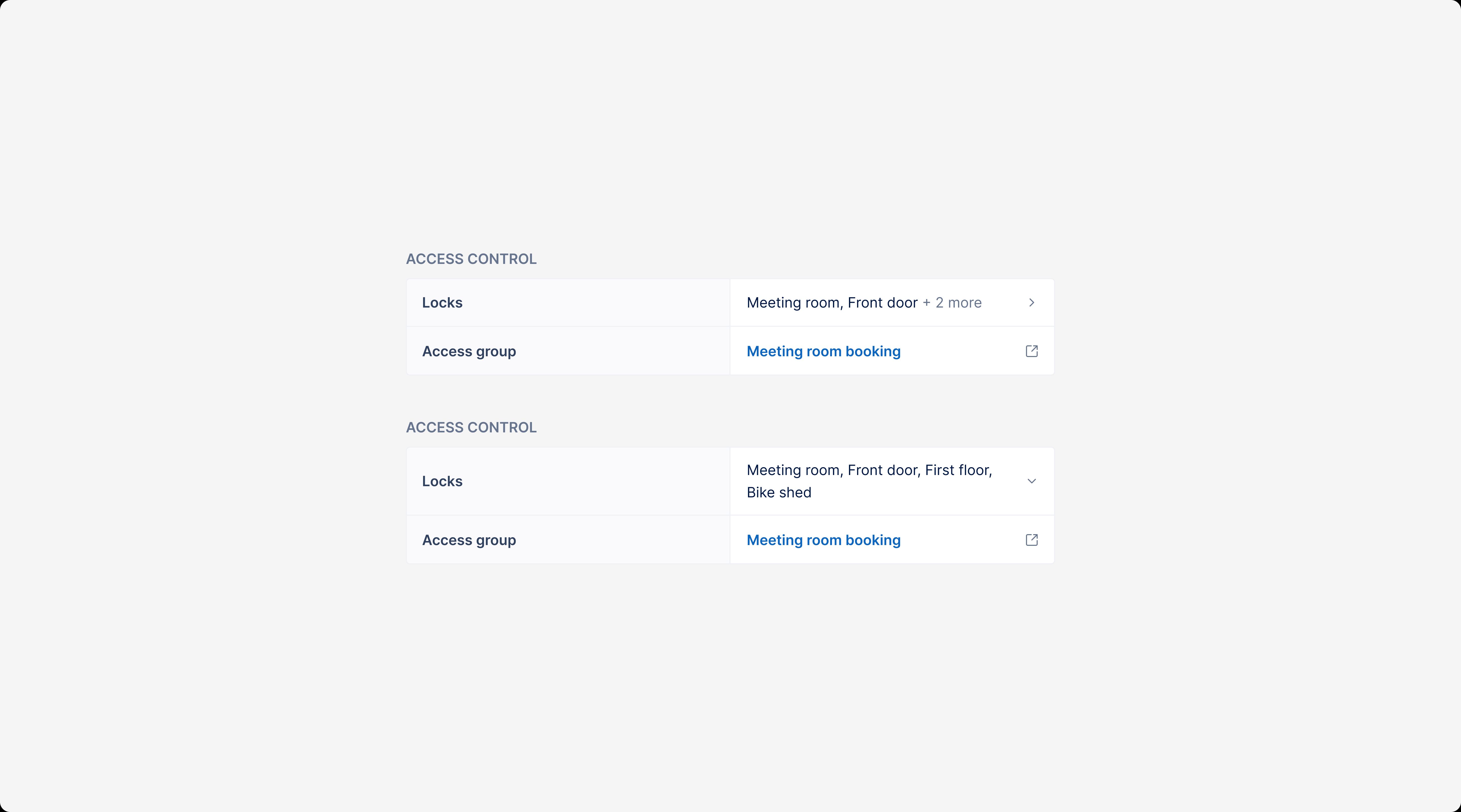 Two tables, the first showing a collapsed state and the second an expanded state, in which the full list of locks is revealed