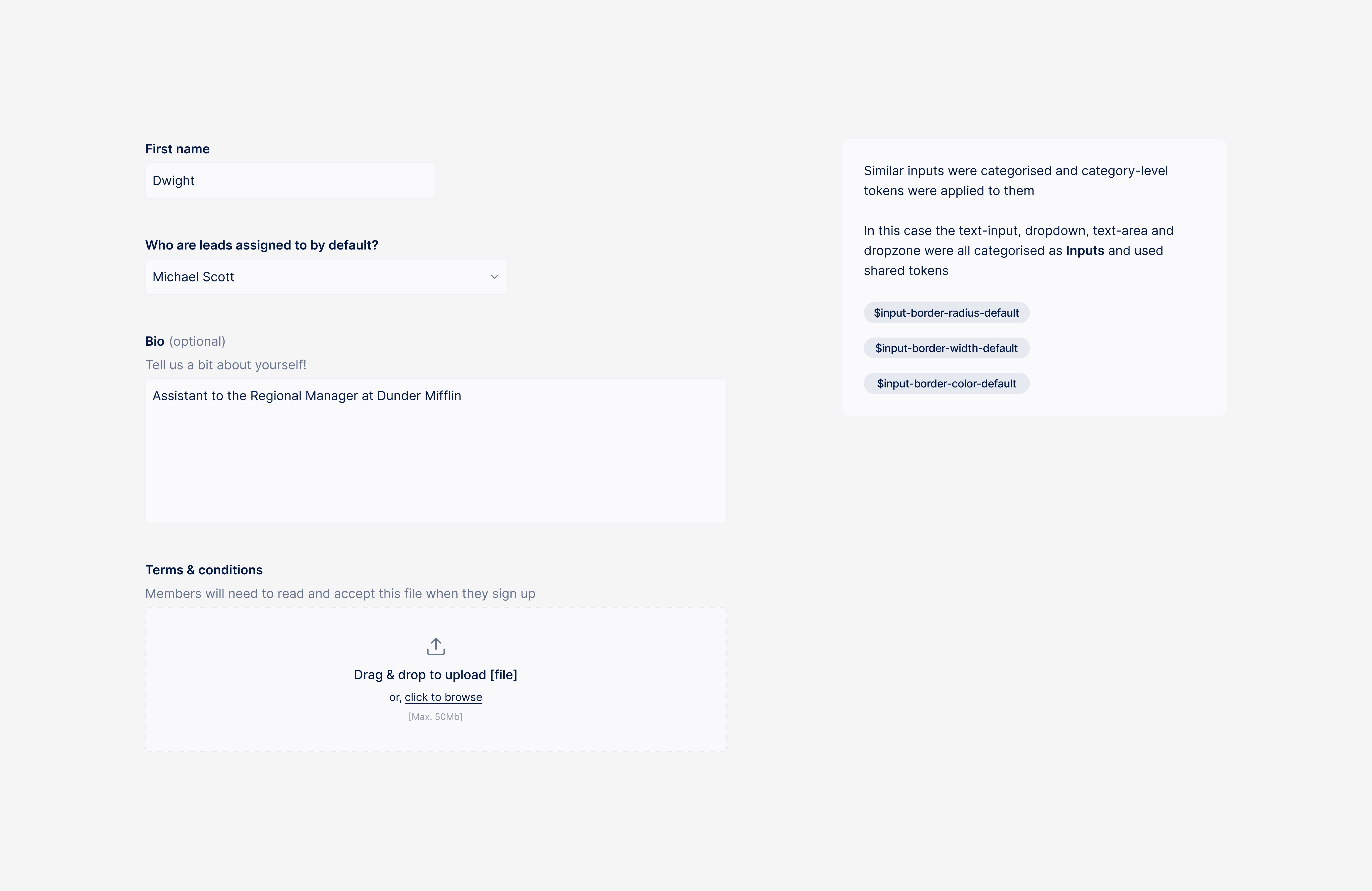 A grid of inputs, each with an annotation showing their shared input-level tokens