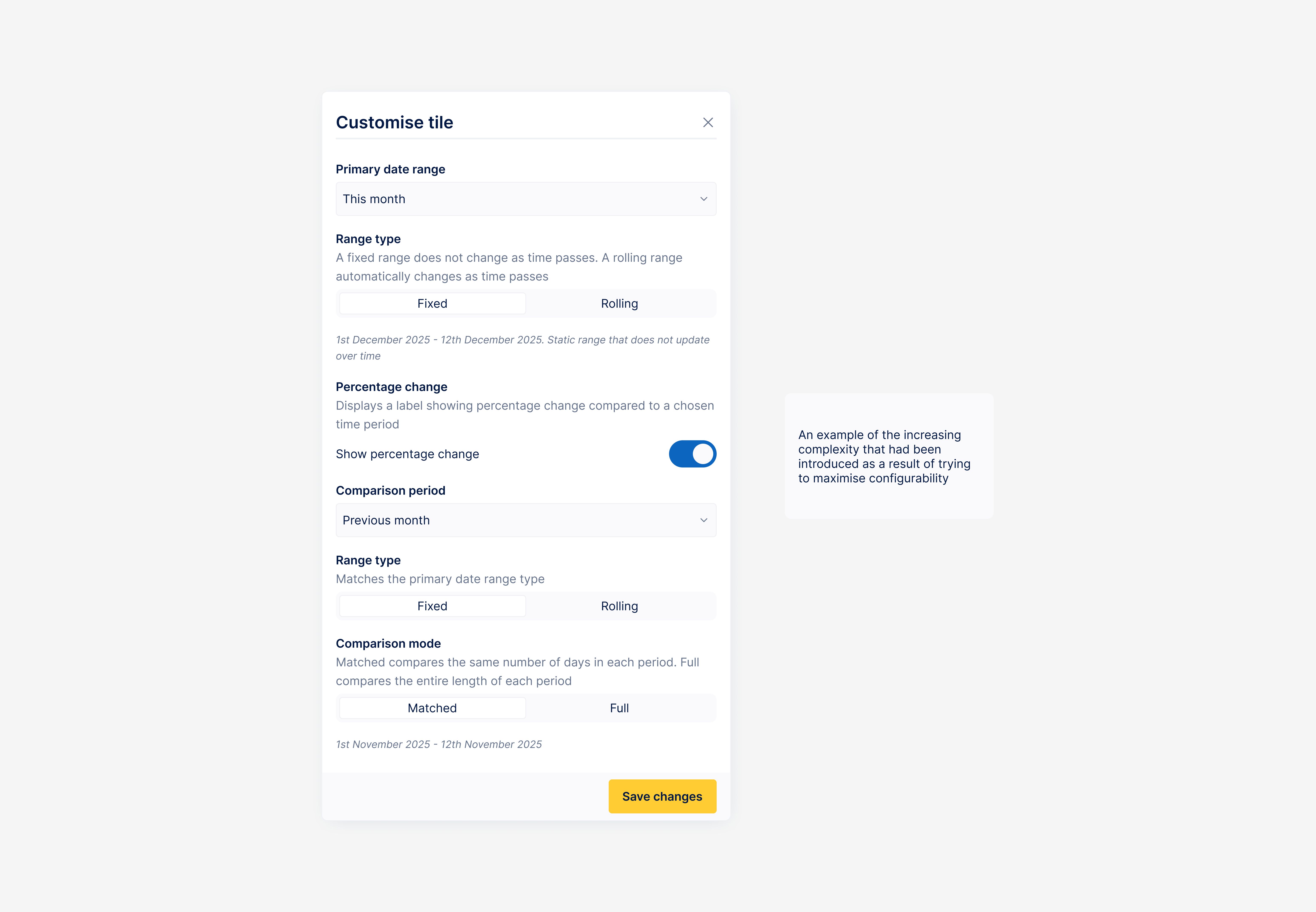 A Figma mockup of a dialog used to customise the metrics that appear in a tile. It shows a lot of fields, and helper text and is generally quite busy
